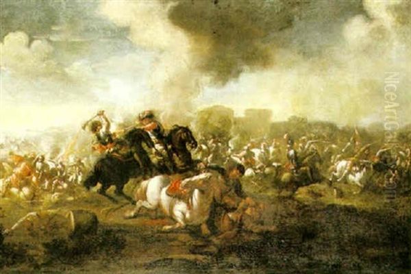 Ryttarbatalj Med Brinnande Borg Oil Painting by Rugendas, Georg Philipp I