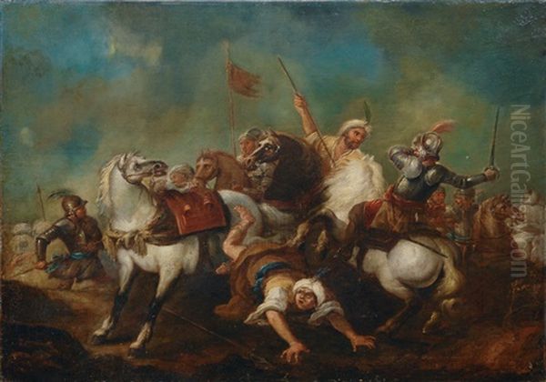 Cavalry Skirmish With Turks Oil Painting by Georg Philipp Rugendas the Younger