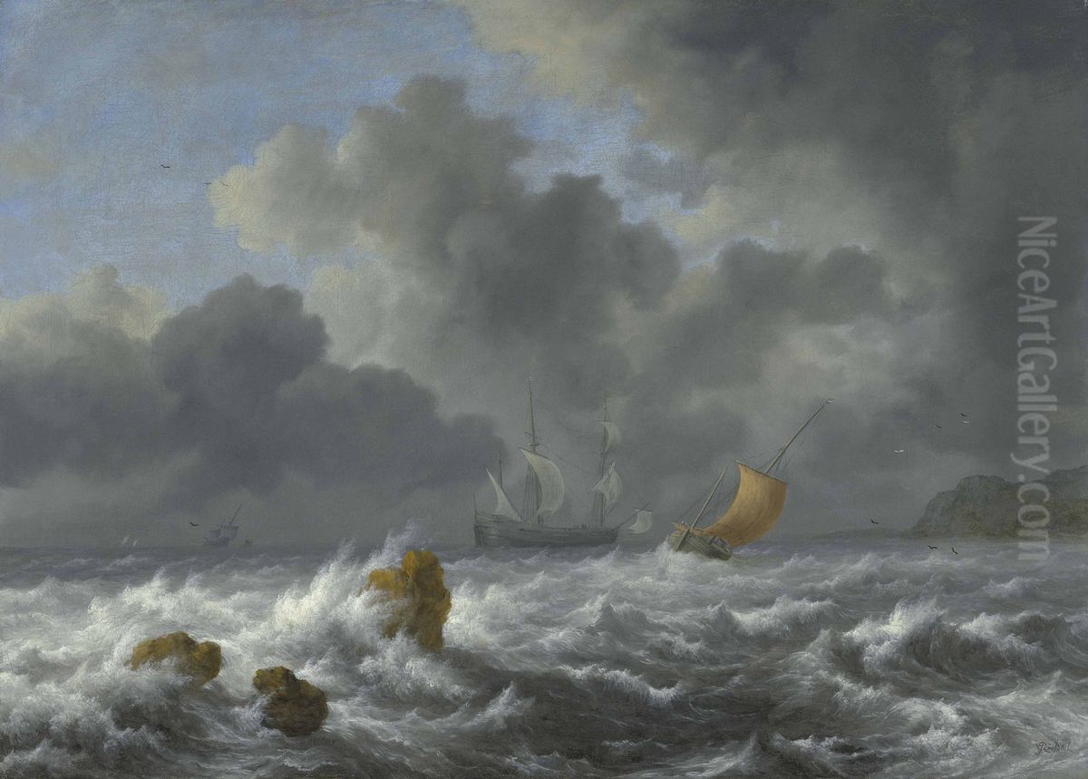 Sailing Vessels In A Stormy Sea Near A Rocky Coast Oil Painting by Jacob Van Ruisdael