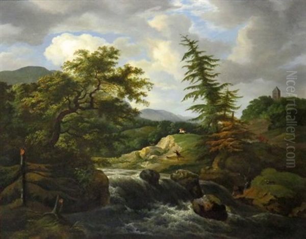 A Horseman And A Hunter With His Dog In A Northern Landscape Oil Painting by Jacob Van Ruisdael