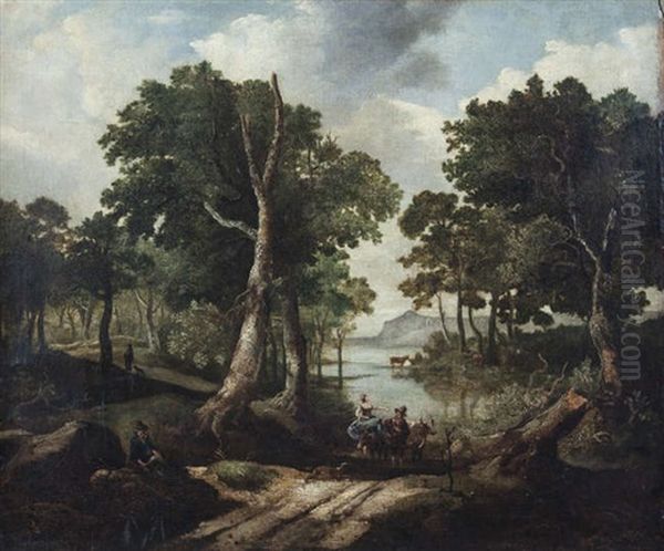 A Wooded Landscape With Figures By A Lake Oil Painting by Jacob Van Ruisdael