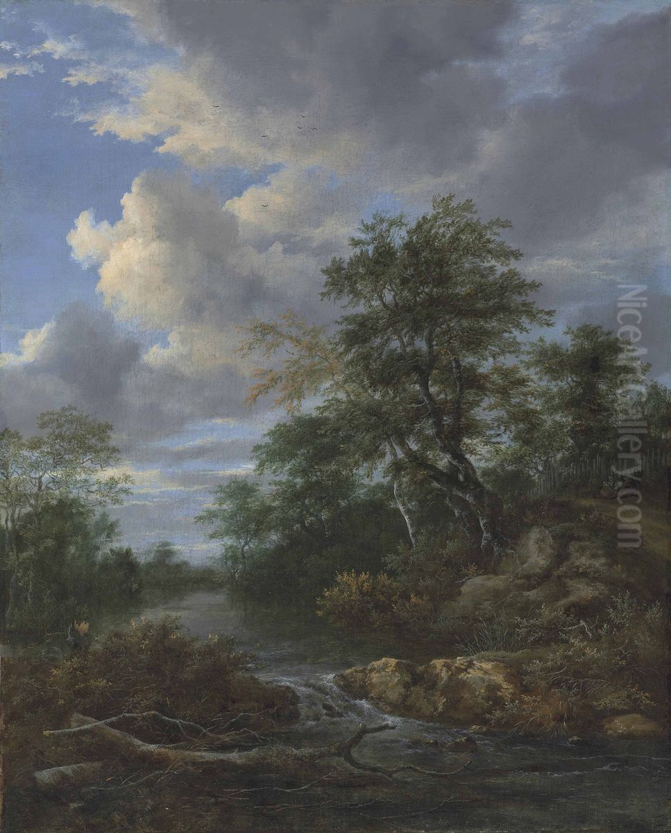 A Wooded River Landscape With A Family At Rest On A Track Oil Painting by Jacob Van Ruisdael
