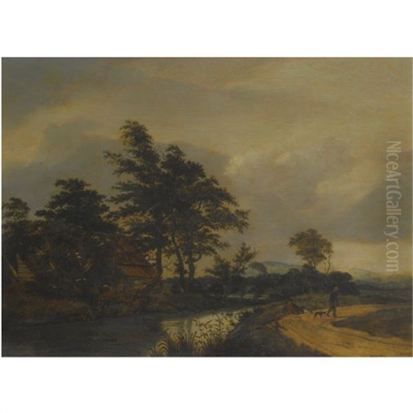 A Landscape With Buildings Near A River, Two Figures And A Dog On A Road Oil Painting by Jacob Van Ruisdael