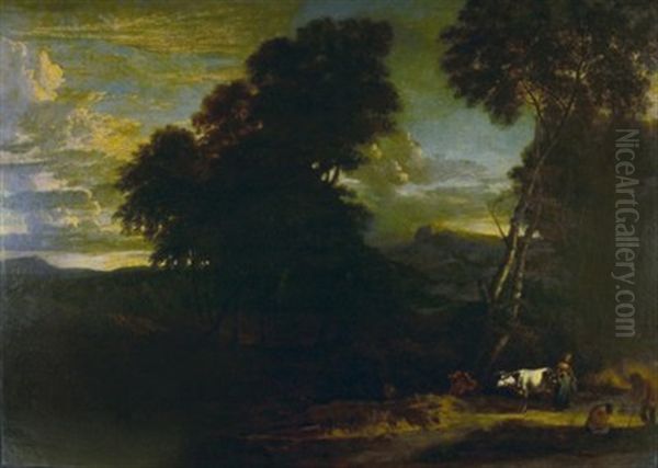 Badende Hirten Im Abendrot Oil Painting by Jacob Van Ruisdael