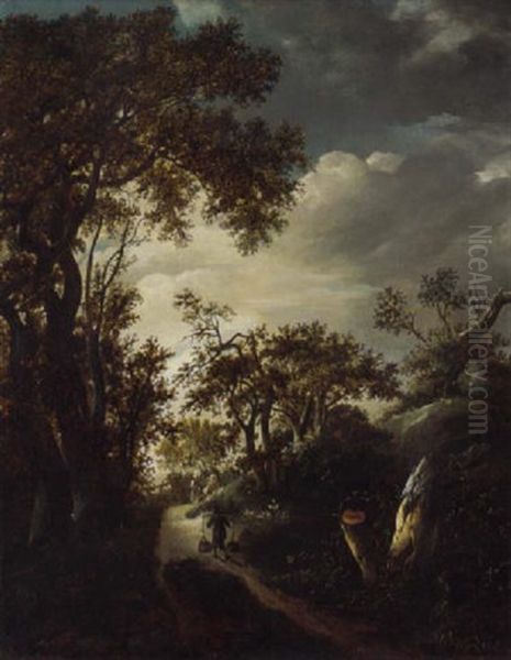 A Wooded Landscape With A Man Carrying Water On A Track, Two Figures Near A Gate Beyond Oil Painting by Jacob Van Ruisdael