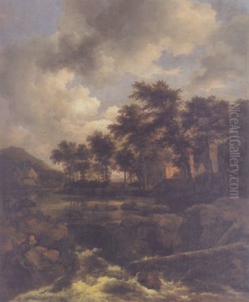 A Wooded River Landscape With A Manor House By A Torrent Oil Painting by Jacob Van Ruisdael