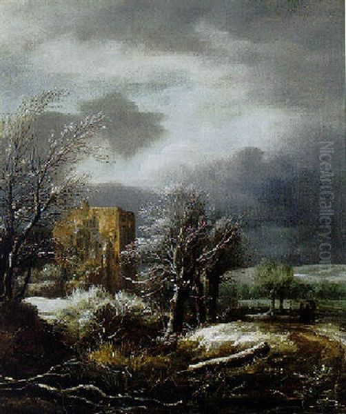 Travellers In A Winter Landscape, A Ruin Beyond Oil Painting by Jacob Van Ruisdael