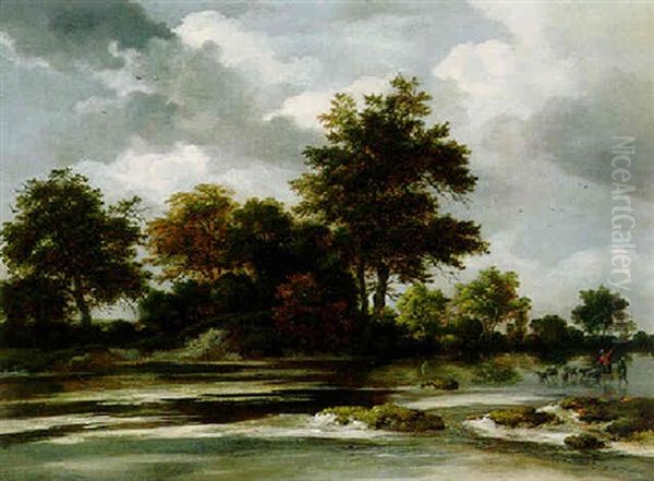 River Landscape With A Shepherd And His Flock Oil Painting by Jacob Van Ruisdael