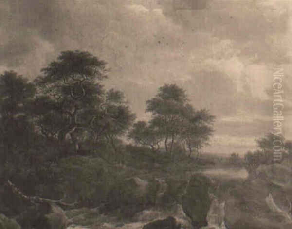 A Wooded Landscape With A Man Seated On The Banks Of A River Oil Painting by Jacob Van Ruisdael