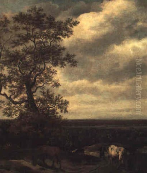 An Extensive Landscape With A Stream And A Drover With      Cattle Oil Painting by Jacob Van Ruisdael