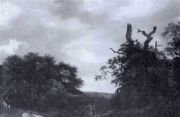 Wooded Landscape With A Peasant Crossing A Bridge Beneath An Old Oak Oil Painting by Jacob Van Ruisdael