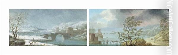 A Summer River Landscape With Travellers On A Path During A Tempest; And A Winter Landscape With A Fortified City Oil Painting by Juan Salvador Ruiz