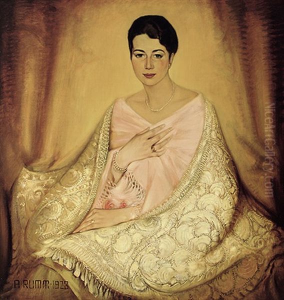 Portrait Einer Jungen, Hubschen Frau Mit Dunklem Haar Und Blauen Augen; Mit Perlkette, Armband Und Ringen Oil Painting by August Rumm