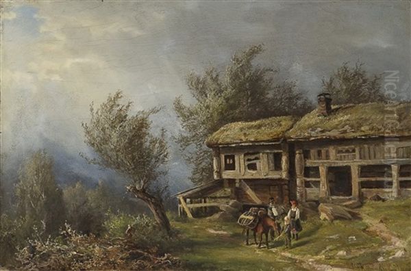 Gardstun Med Folkeliv Oil Painting by Christian Rummelhoff