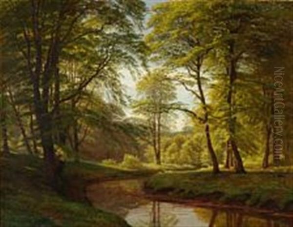 Forest Scene With A Stream Oil Painting by Gotfred Rump