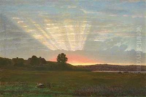 Engparti I Naerheden Af Mariager Ved Solnedgang Oil Painting by Gotfred Rump