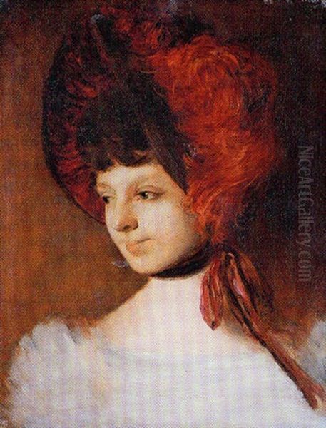 Portrat Einer Dame Mit Hut Oil Painting by Franz Rumpler