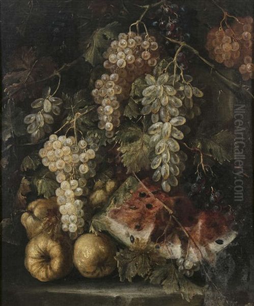 Figs, Pomegranates And Grapes On A Stone Ledge Oil Painting by Giovanni Battista Ruoppolo