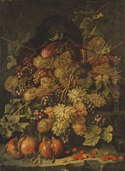 Raisins Et Grenades Sur Un Entablement De Pierre Oil Painting by Giovanni Battista Ruoppolo
