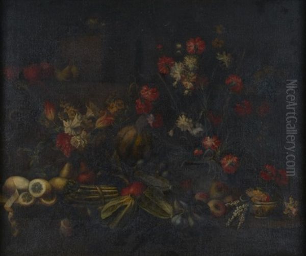 Deux Natures Mortes De Fleurs (+ Fruits; Pair) Oil Painting by Giuseppe Ruoppolo