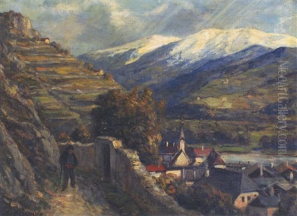 Spazierganger Mit Blick Auf Dorf Oil Painting by Michael Ruppe