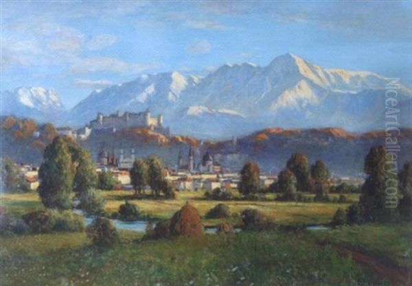 Salzburg Mit Untersberg Im Abendlicht Oil Painting by Michael Ruppe