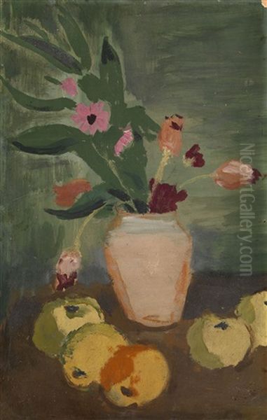 Still Life With Flowers And Apples Oil Painting by Aleksander Isaakovich Rusakov