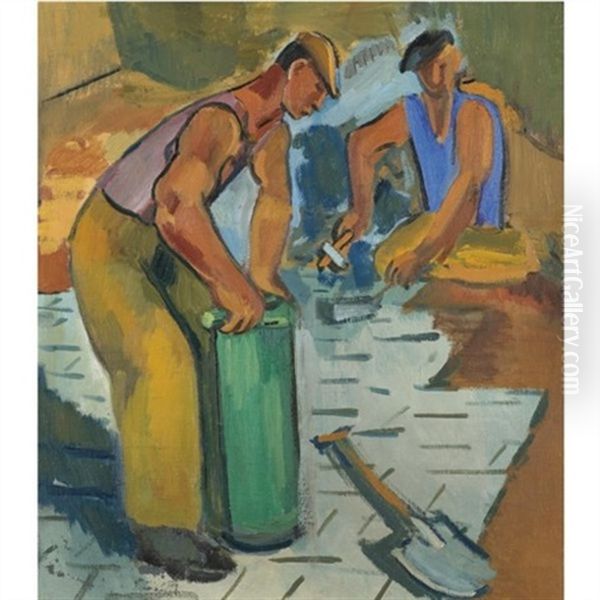 Street Workers (+ Still Life With Grapes And Apples, Verso) Oil Painting by Aleksander Isaakovich Rusakov