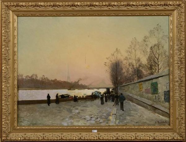Bord De Seine Anime A Paris Oil Painting by Santiago Rusinol i Prats