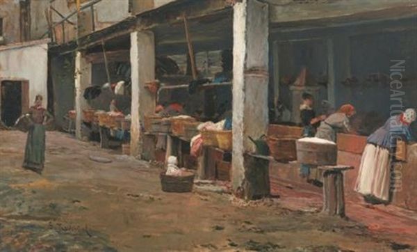 Lavaderos De La Barceloneta (the Washing Place, Barcelona) Oil Painting by Santiago Rusinol i Prats