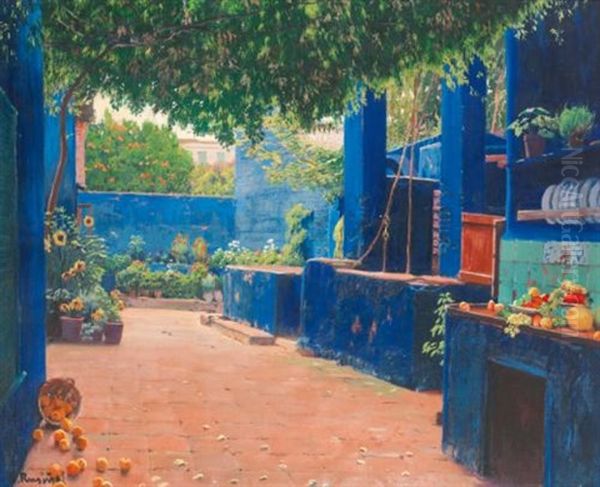 The Blue Courtyard, Arenys Oil Painting by Santiago Rusinol i Prats