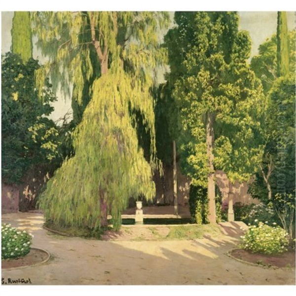El Sauce. Jardin Valenciano Alcoy (the Willow Tree, Alcoy, Valencia) Oil Painting by Santiago Rusinol i Prats