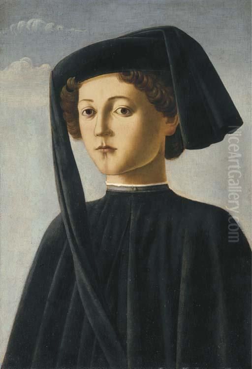 Portrait Of A Young Gentleman, Bust-length, In A Black Coat Andblack Cap Oil Painting by Francesco Botticini