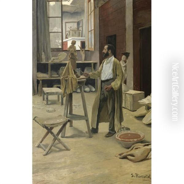 Estudio Del Escultor Claraso - Claraso In His Studio Oil Painting by Santiago Rusinol i Prats
