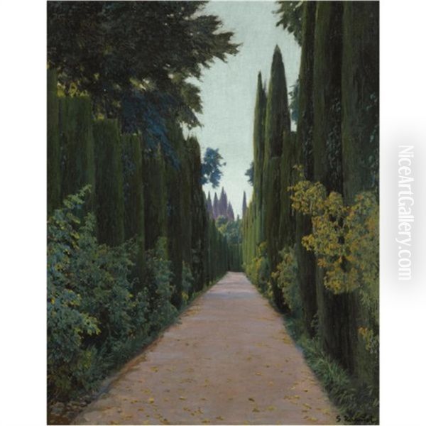 Soledad, Granada - Gardens Of The Generalife, Granada Oil Painting by Santiago Rusinol i Prats