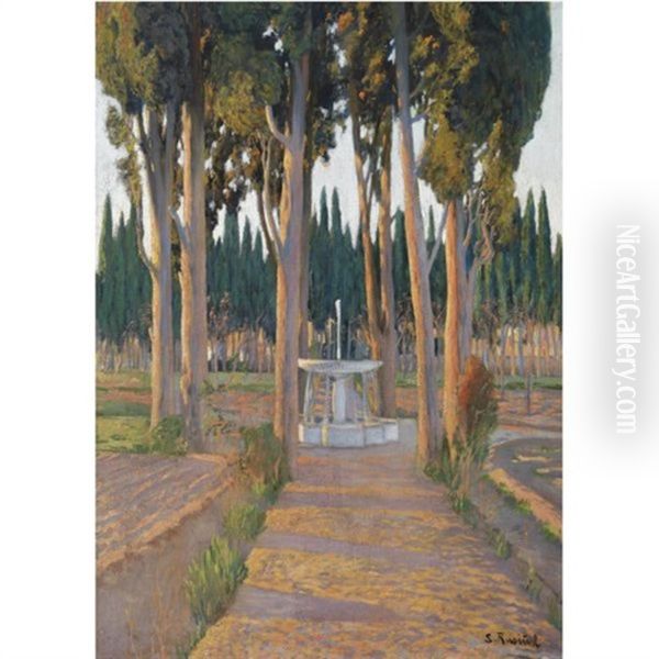 Cipreses Dorados-huerta Del Duque De Gor - Golden Cypresses-the Orchard Of The Duke Of Gor Oil Painting by Santiago Rusinol i Prats