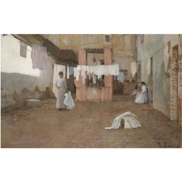 Lavanderas De La Barceloneta (washerwomen From The Barceloneta) Oil Painting by Santiago Rusinol i Prats