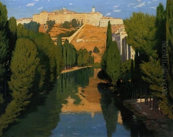 Una Vista Del Rio Jucar, Cuenca (view Along The River Jucar, Cuenca) Oil Painting by Santiago Rusinol i Prats