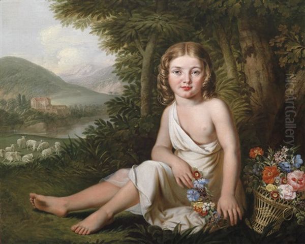 Knabe Mit Blumenkorb Vor Weiter Landschaft Oil Painting by Karl Russ