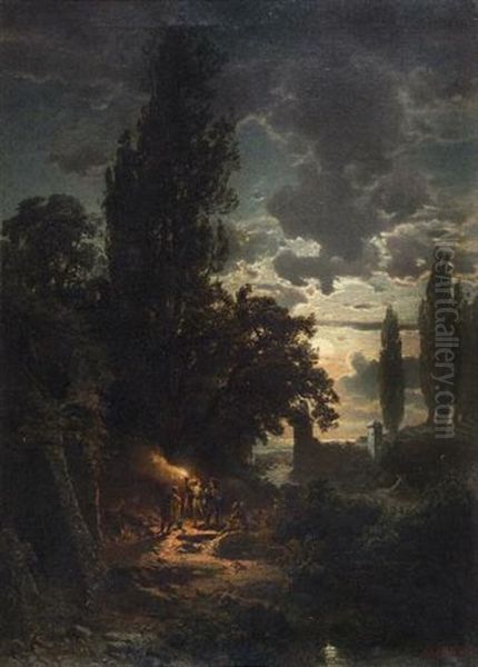 Paesaggio Al Tramonto Con Figure Oil Painting by Robert Russ