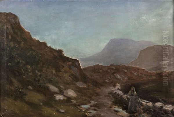 A Path Through The Mountains With A Woman And Child Oil Painting by George William Russell