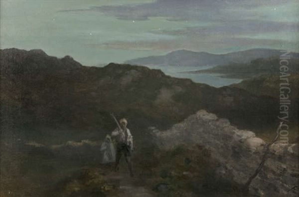 Children In A Coastal Landscape Oil Painting by George William Russell