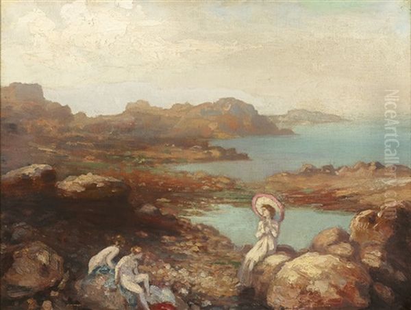 Woman And Children On The Seashore Oil Painting by George William Russell