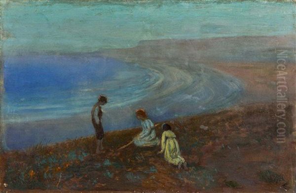 Three Children On A Beach Oil Painting by George William Russell
