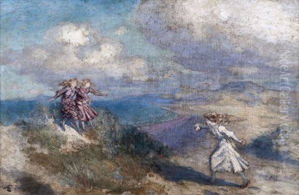 Three Girls Playing In The Sand Dunes, Donegal Oil Painting by George William Russell