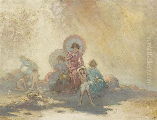 Children And Women With Parasols Oil Painting by George William Russell