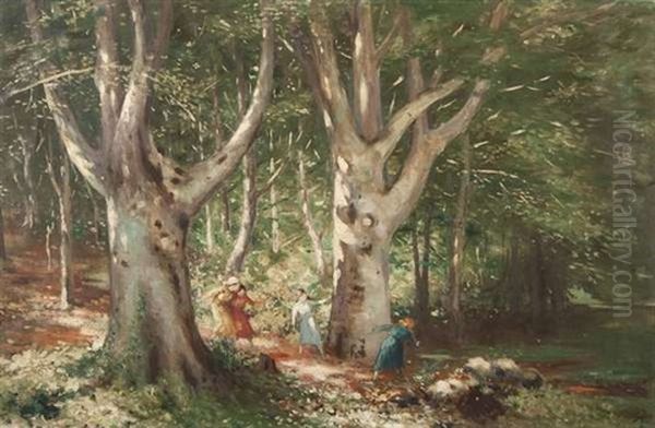 Children Playing In Woodland Glade Oil Painting by George William Russell
