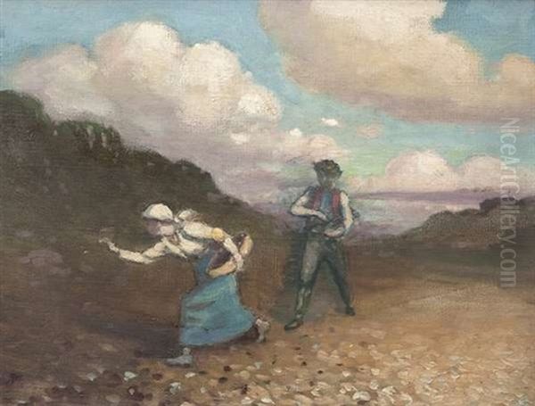 Two Figures Foraging In A Landscape Oil Painting by George William Russell