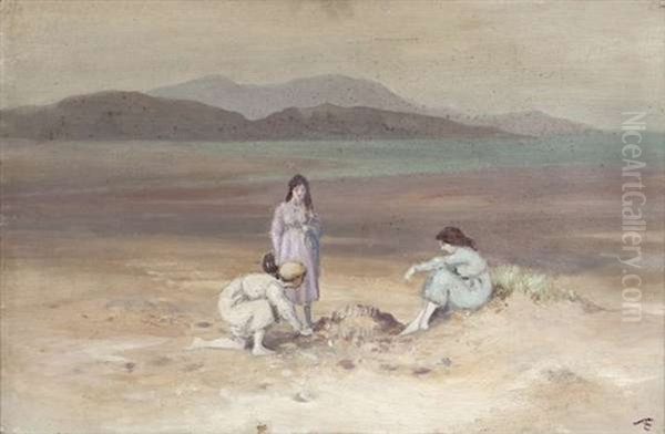 Children On A Beach Building Sandcastles Oil Painting by George William Russell