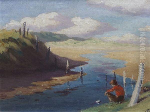 Seated Figure By A Coastal Stream Oil Painting by George William Russell